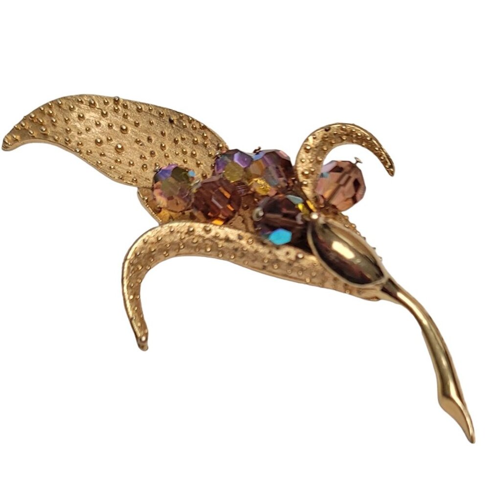 Parco Gold-Tone Hobnail Texture Flower Petal AB Glass Beaded Brooch, Signed